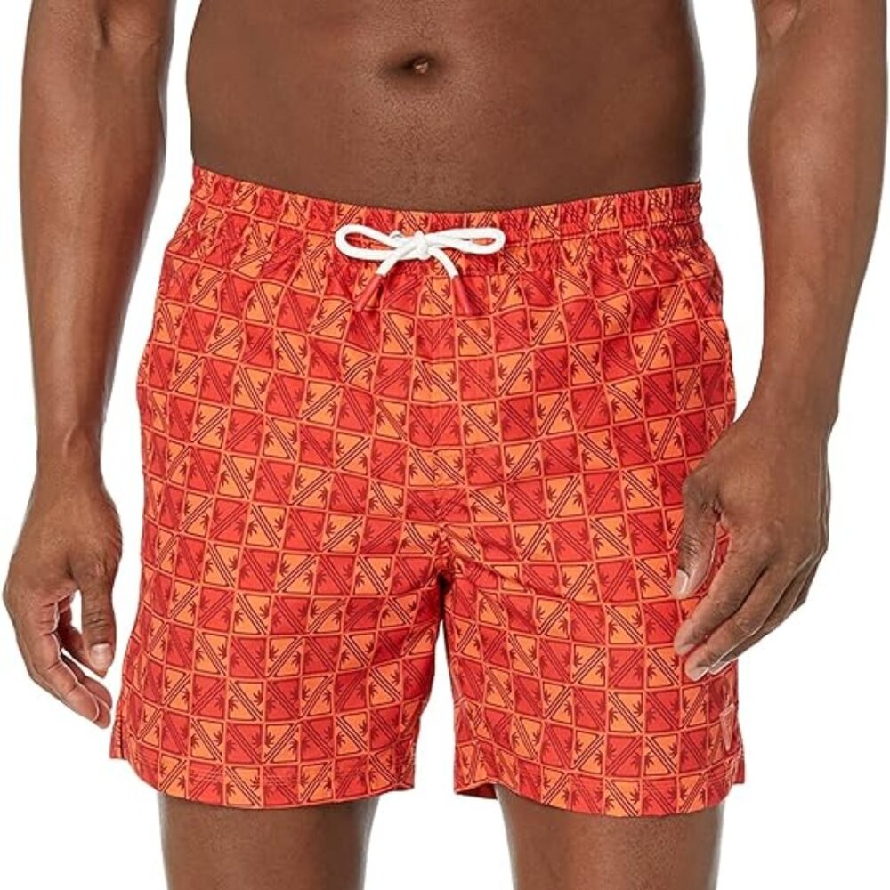 NWT GUESS Mens Geo Print Drawstring Swimwear swim trunks Orange Maya Print XL